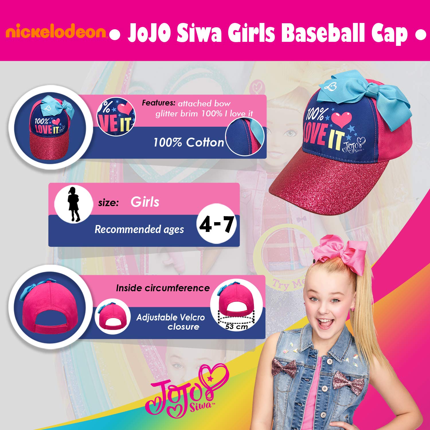 Nickelodeon JoJo Siwa Love IT Girls Baseball Cap Hat Age 4-7 Blue