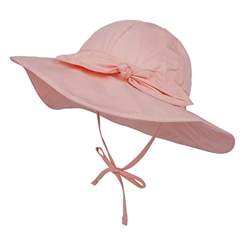 Kid's Solid Sun Hat Wide Brim UPF 50+ Hat for Toddler Boys Girls Adjustable Bow Bucket Hat Newborn (Pink, 6-12 Months)