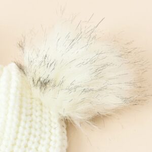 Winter Warm Knitted Baby Hat for Girls Boys Thick Cable Knit Beanie Faux Fur Pom Pom Beanie Hat Kids Crochet Hairball Cap (White)