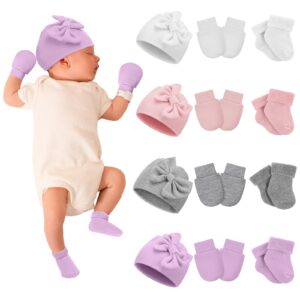 toulite 4 pack preemie hats and socks set cotton warm bow knot preemie caps,mittens and no scratch preemie warm socks (pink,white,purple,gray)