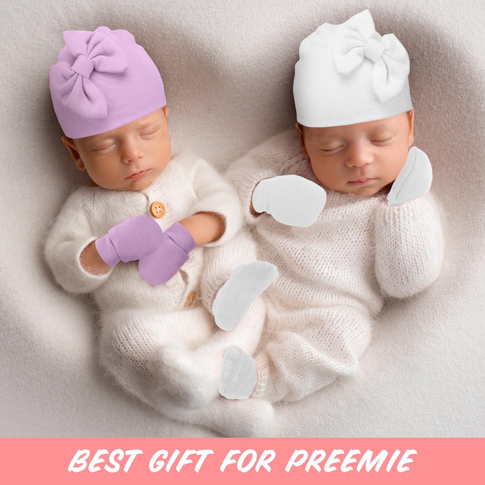 Toulite 4 Pack Preemie Hats and Socks Set Cotton Warm Bow Knot Preemie Caps,Mittens and No Scratch Preemie Warm Socks (Pink,white,purple,gray)