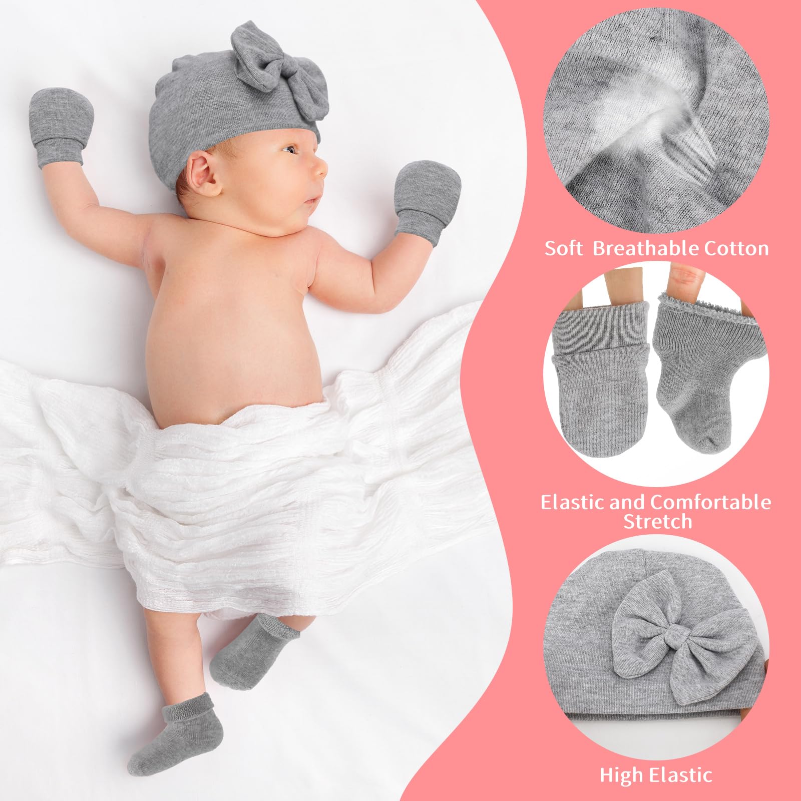 Toulite 4 Pack Preemie Hats and Socks Set Cotton Warm Bow Knot Preemie Caps,Mittens and No Scratch Preemie Warm Socks (Pink,white,purple,gray)