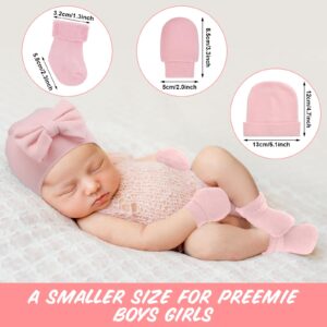 Toulite 4 Pack Preemie Hats and Socks Set Cotton Warm Bow Knot Preemie Caps,Mittens and No Scratch Preemie Warm Socks (Pink,white,purple,gray)