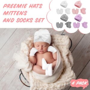 Toulite 4 Pack Preemie Hats and Socks Set Cotton Warm Bow Knot Preemie Caps,Mittens and No Scratch Preemie Warm Socks (Pink,white,purple,gray)