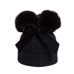 Toddler Baby Boy Girl Knitted Pompom Beanie Hat Thicken Warm Crochet Bow Double Pom Beanie Cap Kids Winter Hats Black