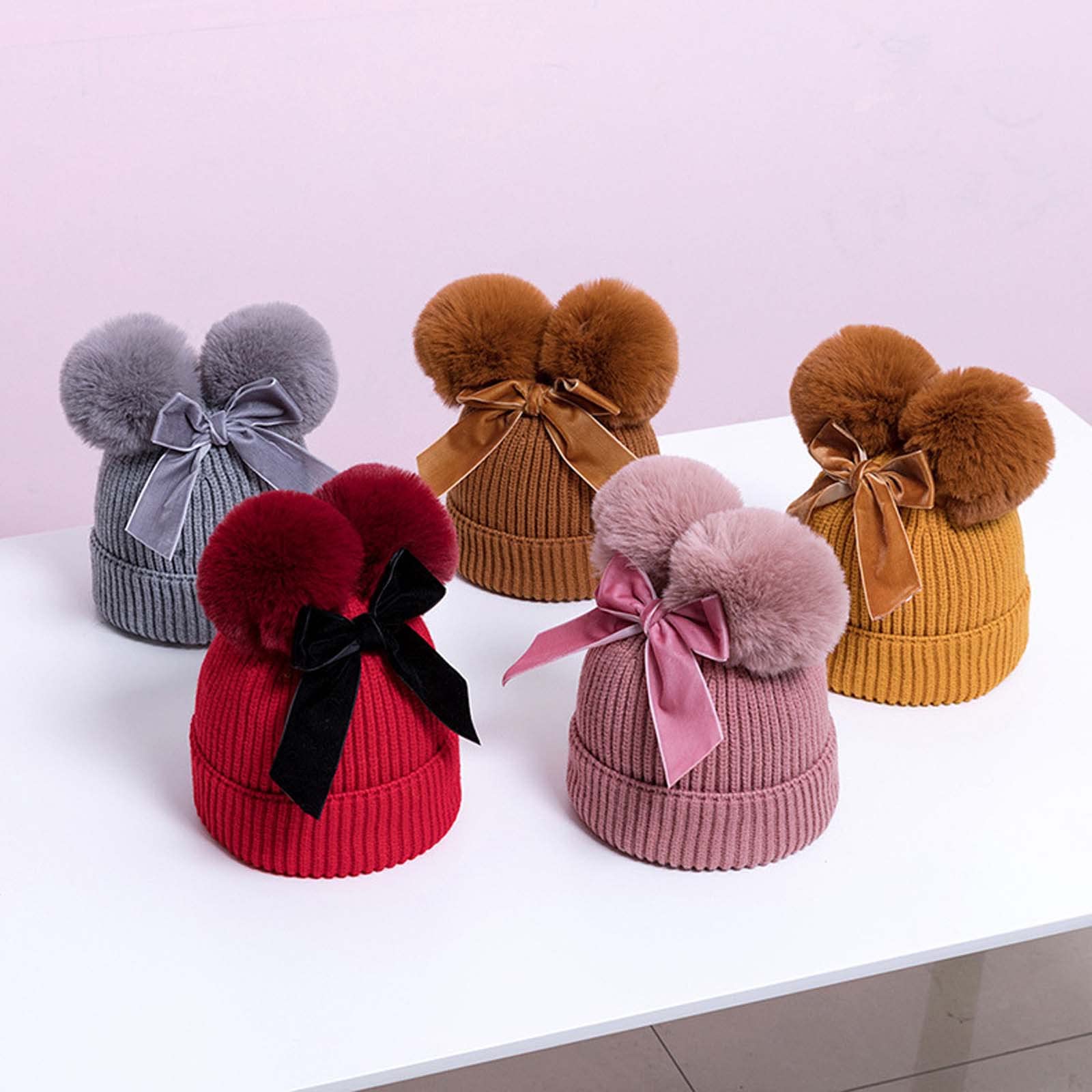 Toddler Baby Boy Girl Knitted Pompom Beanie Hat Thicken Warm Crochet Bow Double Pom Beanie Cap Kids Winter Hats Black