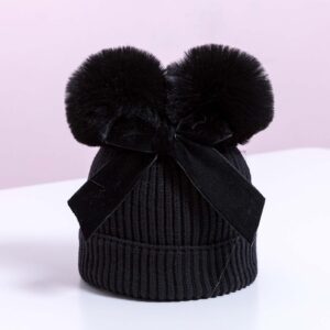Toddler Baby Boy Girl Knitted Pompom Beanie Hat Thicken Warm Crochet Bow Double Pom Beanie Cap Kids Winter Hats Black