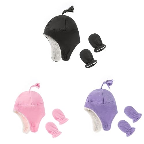 FOUTTUE Baby Cotton Winter Hat Newborn Baby Kids Girls Boys Winter Warm Knitted Hats Ear Solid Warm (E+Pink+Purple #2, One Size)