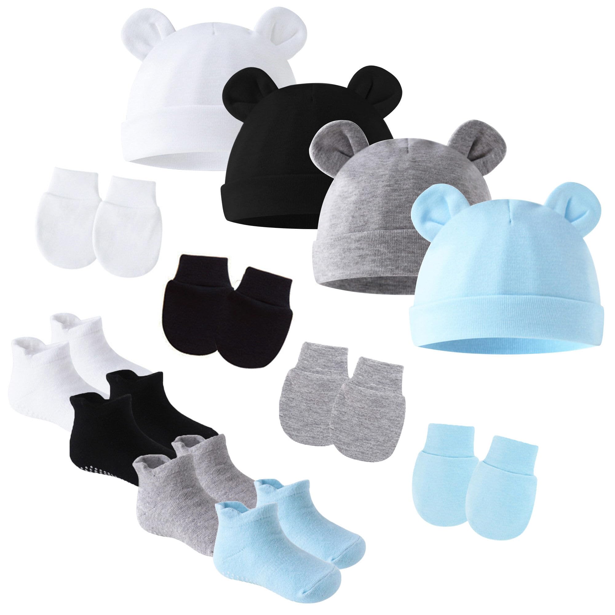 SEAUR Baby Girls Boys 4 Set Teddy Bear Ear Hats Mittens Socks Soft Cotton No Scratch Gloves Non Slip Comfortable Stockings