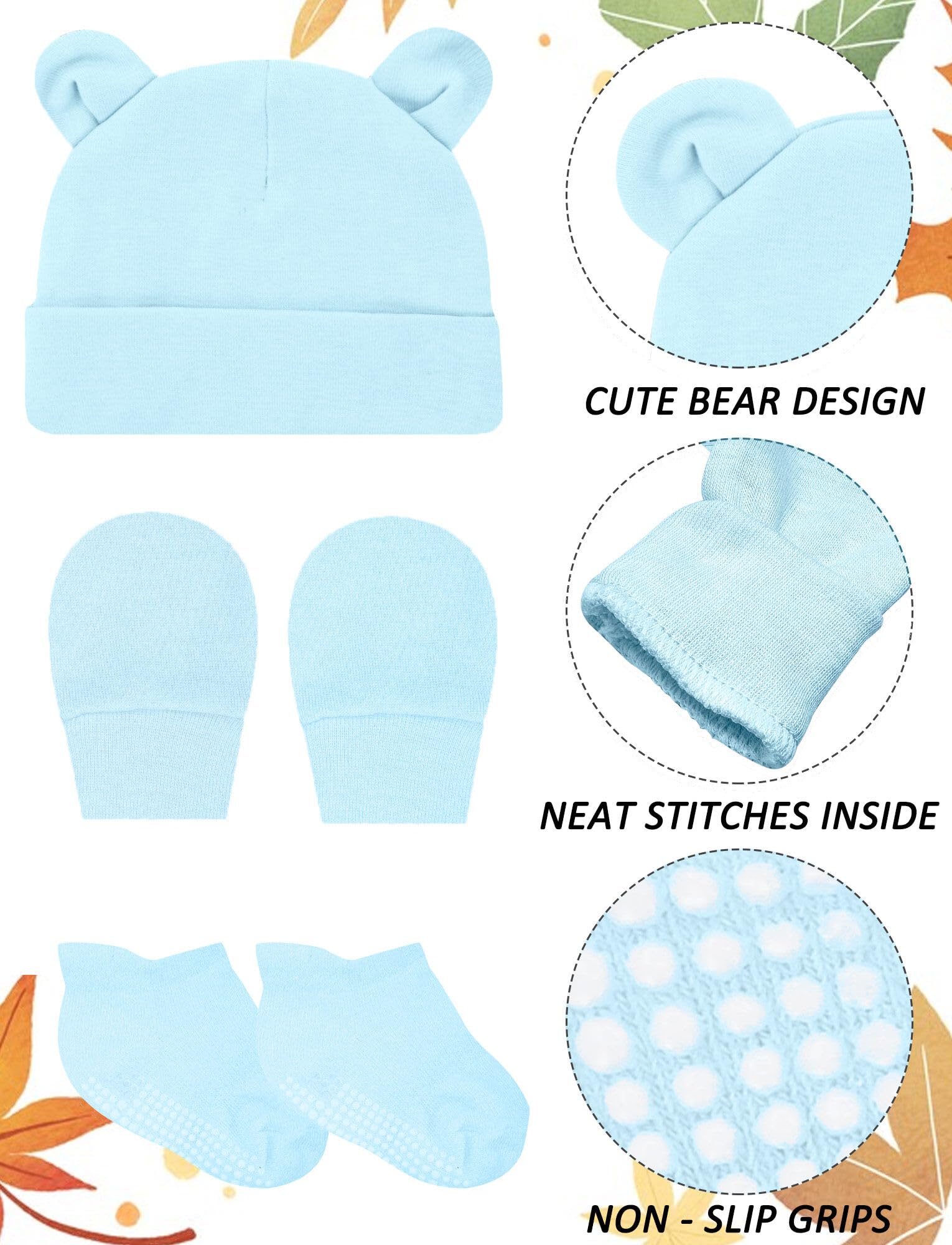 SEAUR Baby Girls Boys 4 Set Teddy Bear Ear Hats Mittens Socks Soft Cotton No Scratch Gloves Non Slip Comfortable Stockings