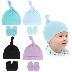 8PCS Newborn Baby Hats and Mittens Set Gloves Beanies No Scratch Mittens Warm Elastic Infants Hats 0-6 Months