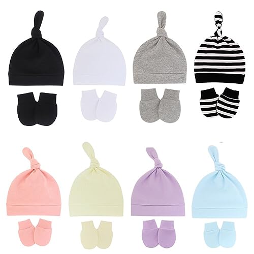 8PCS Newborn Baby Hats and Mittens Set Gloves Beanies No Scratch Mittens Warm Elastic Infants Hats 0-6 Months