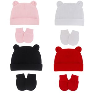 4 Sets Newborn Baby Hat and Mitten Set, Cute Animal Ears Beanies and No Scratch Mittens for 0-12 Months