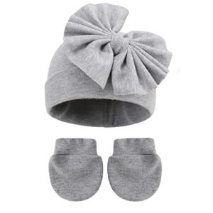 newborn bowknot beanie hat gloves set baby boys girls hospital hat infant cap no scratch mittens for 0-6 months (grey)