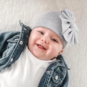 Newborn Bowknot Beanie Hat Gloves Set Baby Boys Girls Hospital Hat Infant Cap No Scratch Mittens for 0-6 Months (Grey)