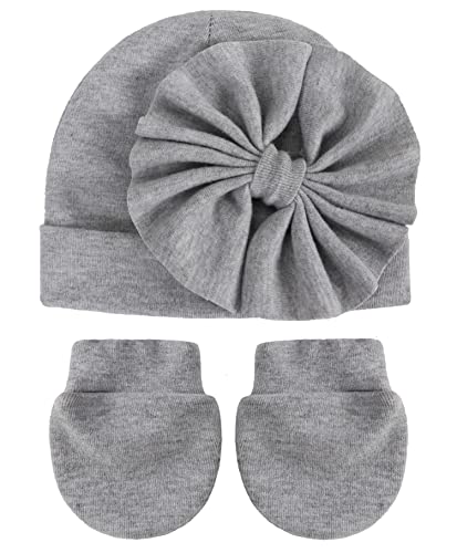 Newborn Bowknot Beanie Hat Gloves Set Baby Boys Girls Hospital Hat Infant Cap No Scratch Mittens for 0-6 Months (Grey)