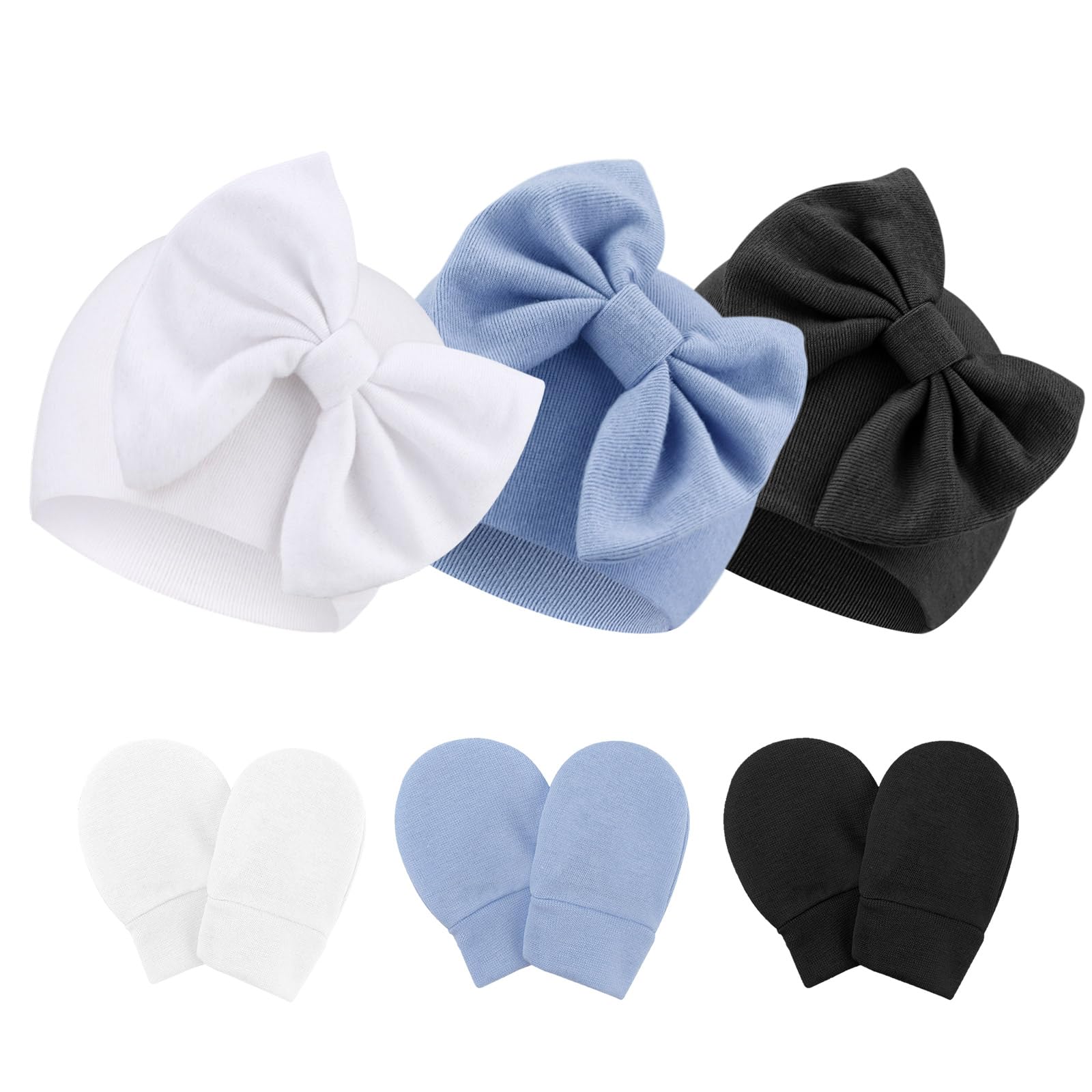 Newborn Baby Bow Hats and Mittens Hospital Hat Beanie Infant Caps Baby Cotton No Scratch Mittens Set for 0-6 Months