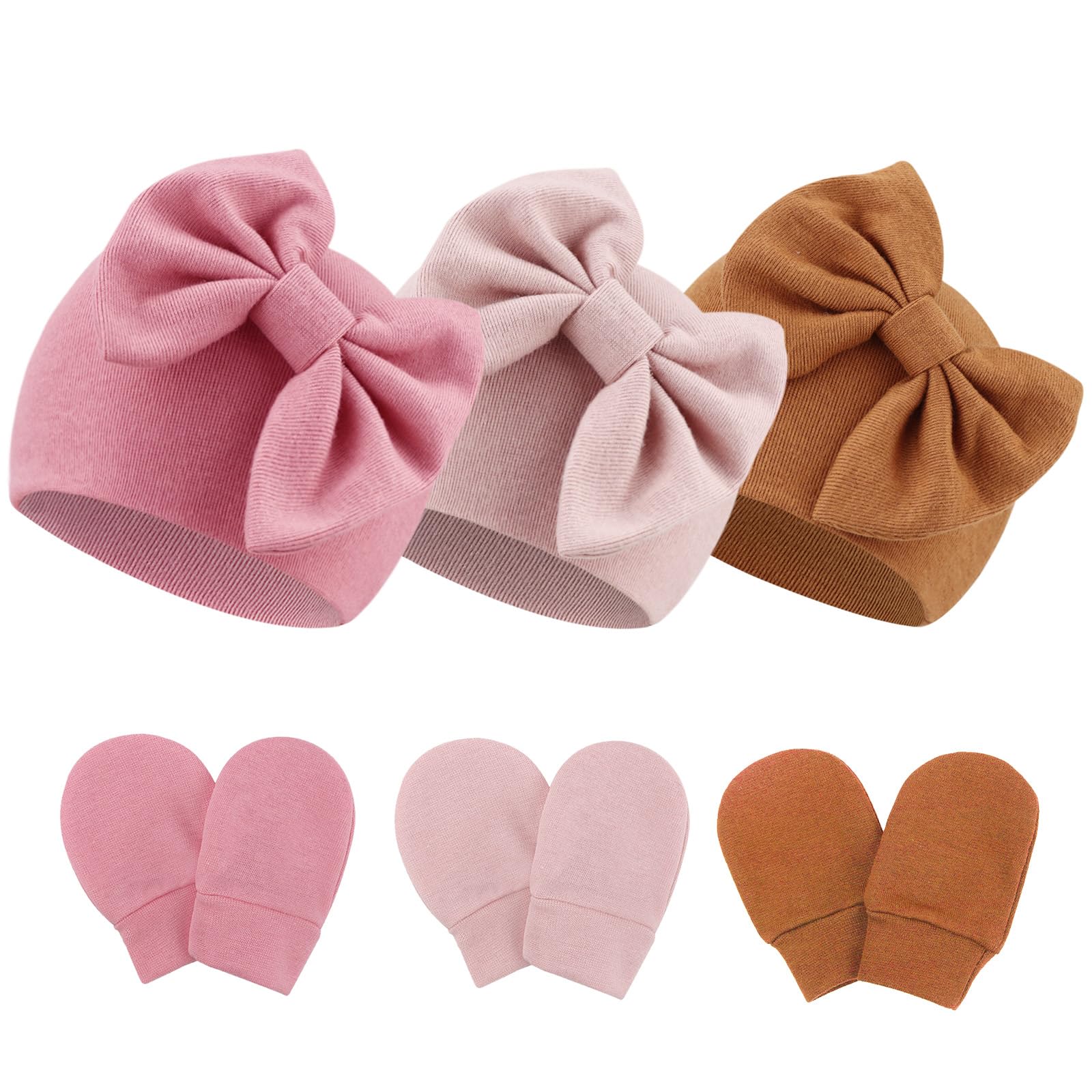 Newborn Baby Bow Hats and Mittens Hospital Hat Beanie Infant Caps Baby Cotton No Scratch Mittens Set for 0-6 Months