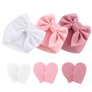 newborn baby bow hats and mittens hospital hat beanie infant caps baby cotton no scratch mittens set for 0-6 months