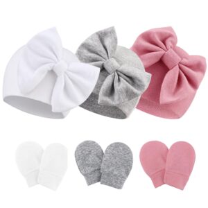 Newborn Baby Bow Hats and Mittens Hospital Hat Beanie Infant Caps Baby Cotton No Scratch Mittens Set for 0-6 Months