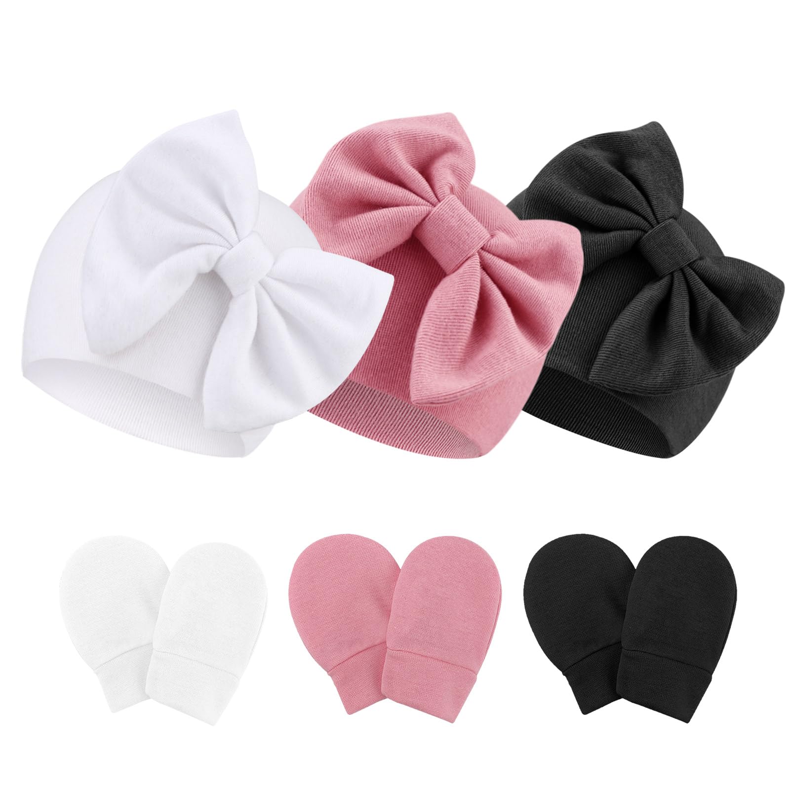 Newborn Baby Bow Hats and Mittens Hospital Hat Beanie Infant Caps Baby Cotton No Scratch Mittens Set for 0-6 Months