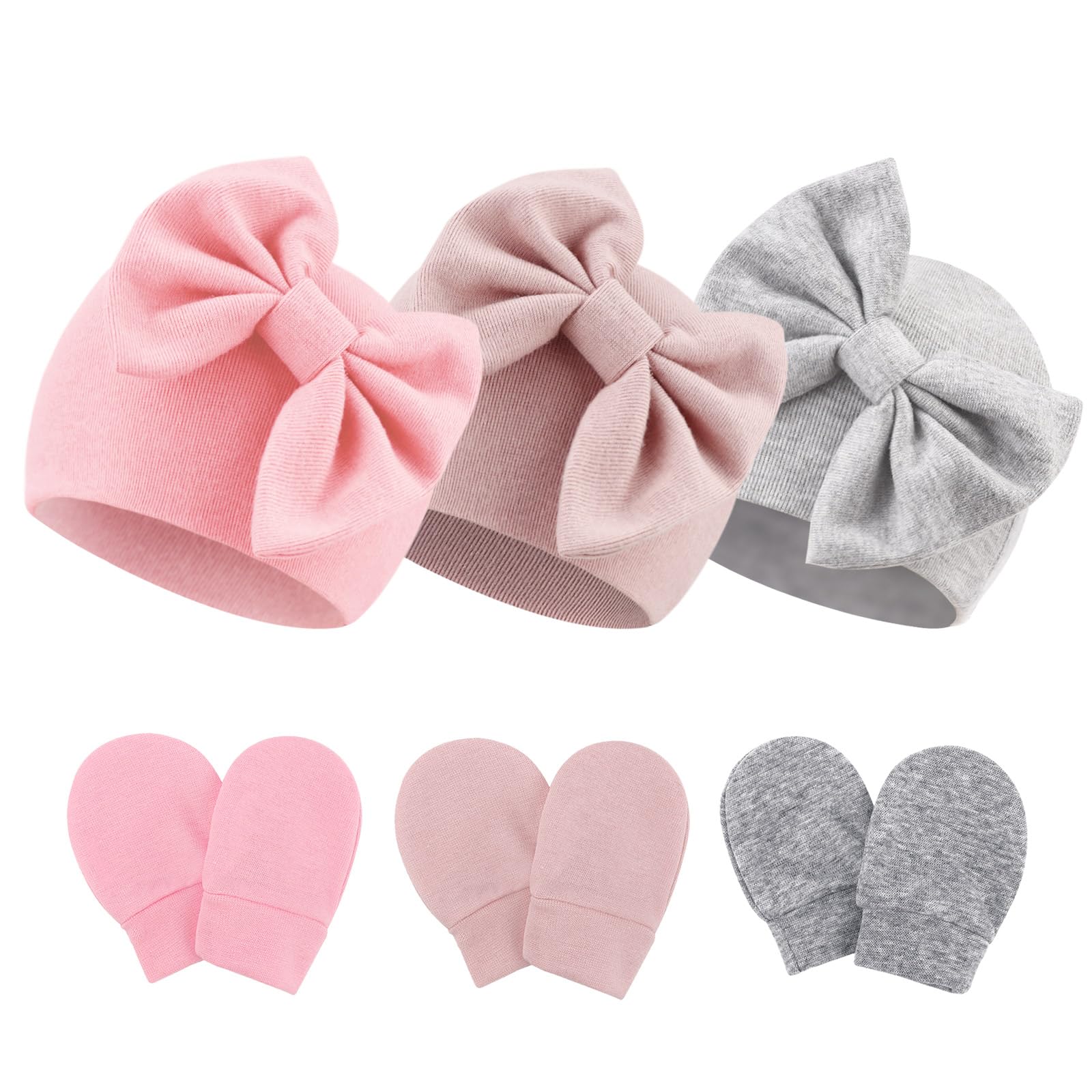 Newborn Baby Bow Hats and Mittens Hospital Hat Beanie Infant Caps Baby Cotton No Scratch Mittens Set for 0-6 Months