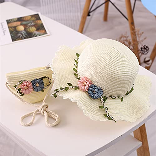 Hat Sun + Bag Children Sunscreen Sunshade Girls Hat Flower Beach Kids Hat Baby Sun Hats (White, One Size)