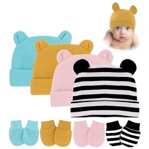 8pcs newborn baby hats and mittens set cute bear ear beanies no scratch mitten warm elastic infants hats 0-12 months