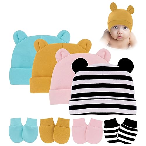 8PCS Newborn Baby Hats and Mittens Set Cute Bear Ear Beanies No Scratch Mitten Warm Elastic Infants Hats 0-12 Months