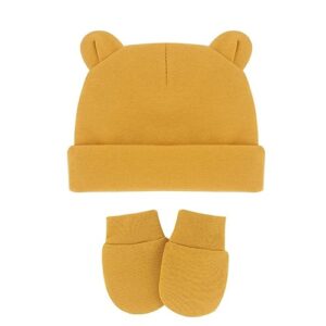 8PCS Newborn Baby Hats and Mittens Set Cute Bear Ear Beanies No Scratch Mitten Warm Elastic Infants Hats 0-12 Months