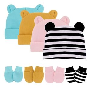 8PCS Newborn Baby Hats and Mittens Set Cute Bear Ear Beanies No Scratch Mitten Warm Elastic Infants Hats 0-12 Months