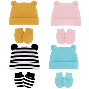 8PCS Newborn Baby Hats and Mittens Set Cute Bear Ear Beanies No Scratch Mitten Warm Elastic Infants Hats 0-12 Months