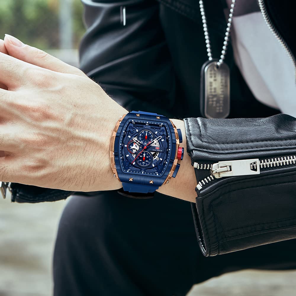 MF MINI FOCUS Men's Watch Fashion Tonneau Wrist Watches (Chronograph/Waterproof/Luminous/Calendar) Silicon Strap Quartz Watch for Men…