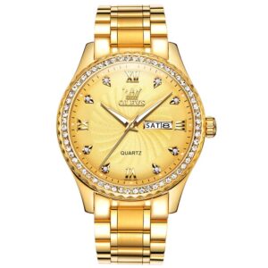 olevs gold quartz watches for men large face analog wrist watch easy read roman numeral mens stainless steel strap watches with date water resistant fashion luminous hands 14k gold diamond watch