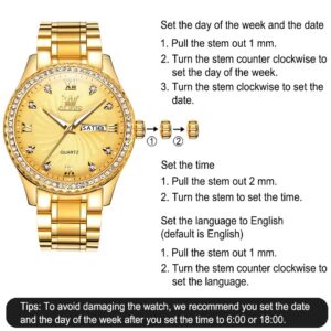 OLEVS Gold Quartz Watches for Men Large Face Analog Wrist Watch Easy Read Roman Numeral Mens Stainless Steel Strap Watches with Date Water Resistant Fashion Luminous Hands 14K Gold Diamond Watch