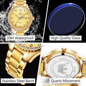 OLEVS Gold Quartz Watches for Men Large Face Analog Wrist Watch Easy Read Roman Numeral Mens Stainless Steel Strap Watches with Date Water Resistant Fashion Luminous Hands 14K Gold Diamond Watch