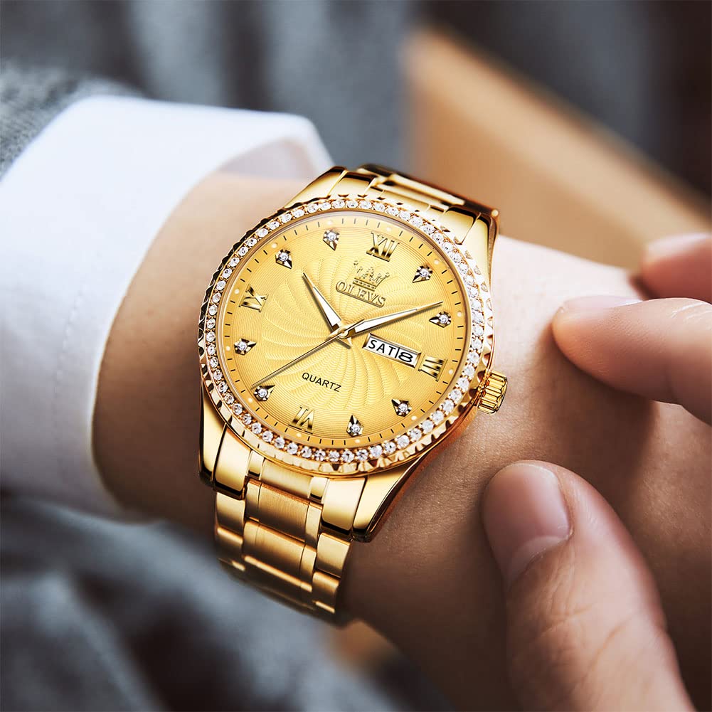 OLEVS Gold Quartz Watches for Men Large Face Analog Wrist Watch Easy Read Roman Numeral Mens Stainless Steel Strap Watches with Date Water Resistant Fashion Luminous Hands 14K Gold Diamond Watch