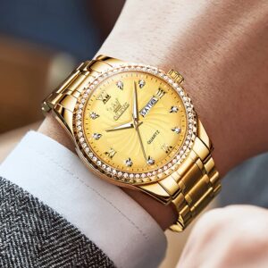 OLEVS Gold Quartz Watches for Men Large Face Analog Wrist Watch Easy Read Roman Numeral Mens Stainless Steel Strap Watches with Date Water Resistant Fashion Luminous Hands 14K Gold Diamond Watch