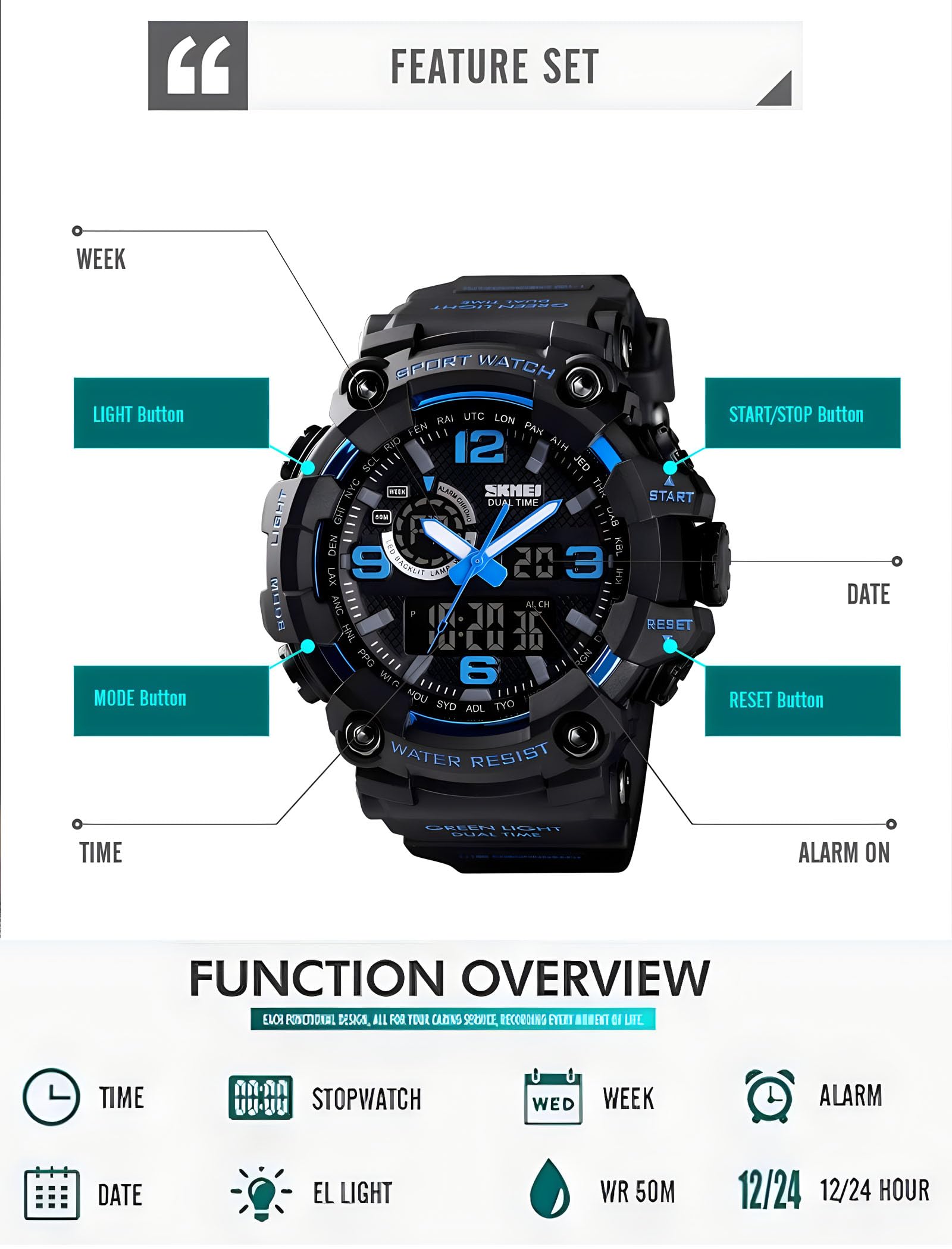 Gosasa Men's Watches Multi Function Military S-Shock Sports Watch LED Digital Waterproof Alarm Watches