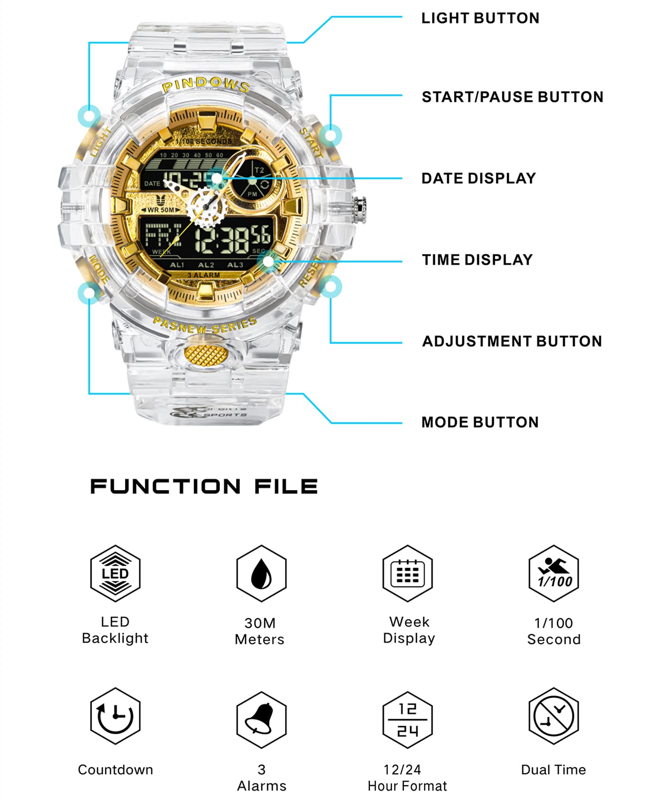 Watch for Men Watch Men Digital Sports Watch Large Digital Analog Dual Display Waterproof Watches with 3 Alarms Countdown Stopwatch Date Dual-Time LED Light Multifunctional Military Wrist Watches