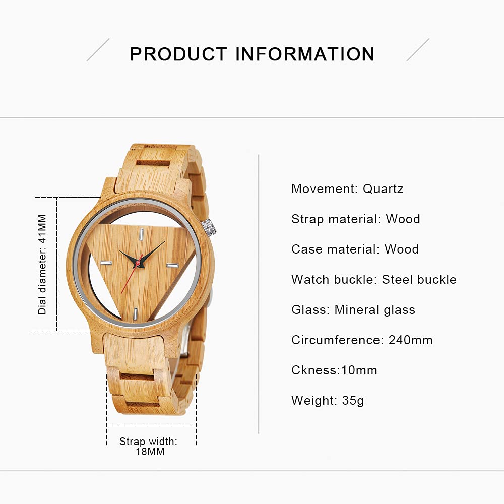 Triangle Wood Watch for Men Creative Hollow Dial Full Wooden Quartz Watch Vintage Natural Mens Unique Inverted Geometric Wood Wrist Watch