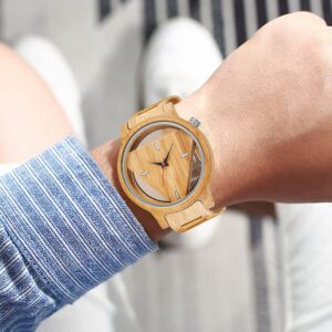 Triangle Wood Watch for Men Creative Hollow Dial Full Wooden Quartz Watch Vintage Natural Mens Unique Inverted Geometric Wood Wrist Watch