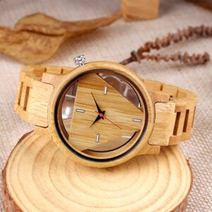 Triangle Wood Watch for Men Creative Hollow Dial Full Wooden Quartz Watch Vintage Natural Mens Unique Inverted Geometric Wood Wrist Watch