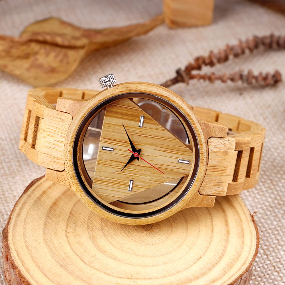 Triangle Wood Watch for Men Creative Hollow Dial Full Wooden Quartz Watch Vintage Natural Mens Unique Inverted Geometric Wood Wrist Watch