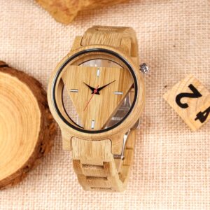 Triangle Wood Watch for Men Creative Hollow Dial Full Wooden Quartz Watch Vintage Natural Mens Unique Inverted Geometric Wood Wrist Watch