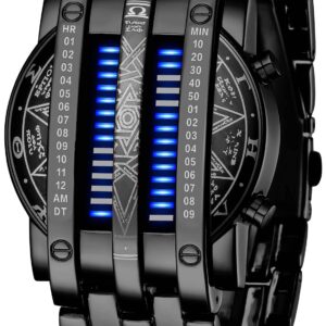 Binary Matrix Blue LED Digital Watch Mens Classic Creative Fashion Black Plated Wrist Watches (Black Blue)