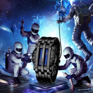 Binary Matrix Blue LED Digital Watch Mens Classic Creative Fashion Black Plated Wrist Watches (Black Blue)