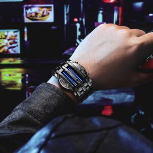 Binary Matrix Blue LED Digital Watch Mens Classic Creative Fashion Black Plated Wrist Watches (Black Blue)