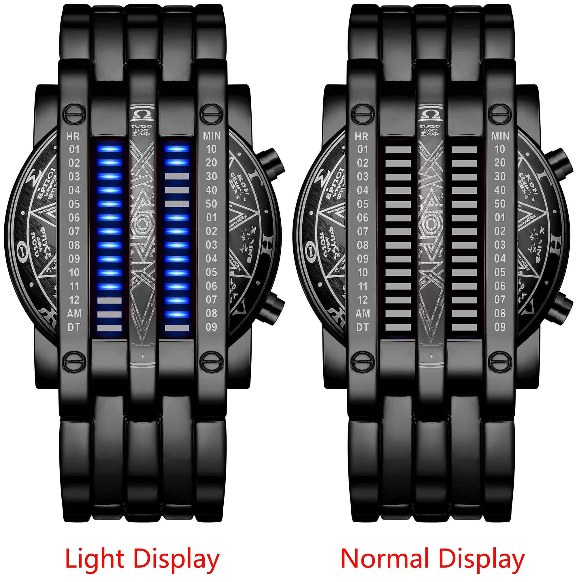 Binary Matrix Blue LED Digital Watch Mens Classic Creative Fashion Black Plated Wrist Watches (Black Blue)