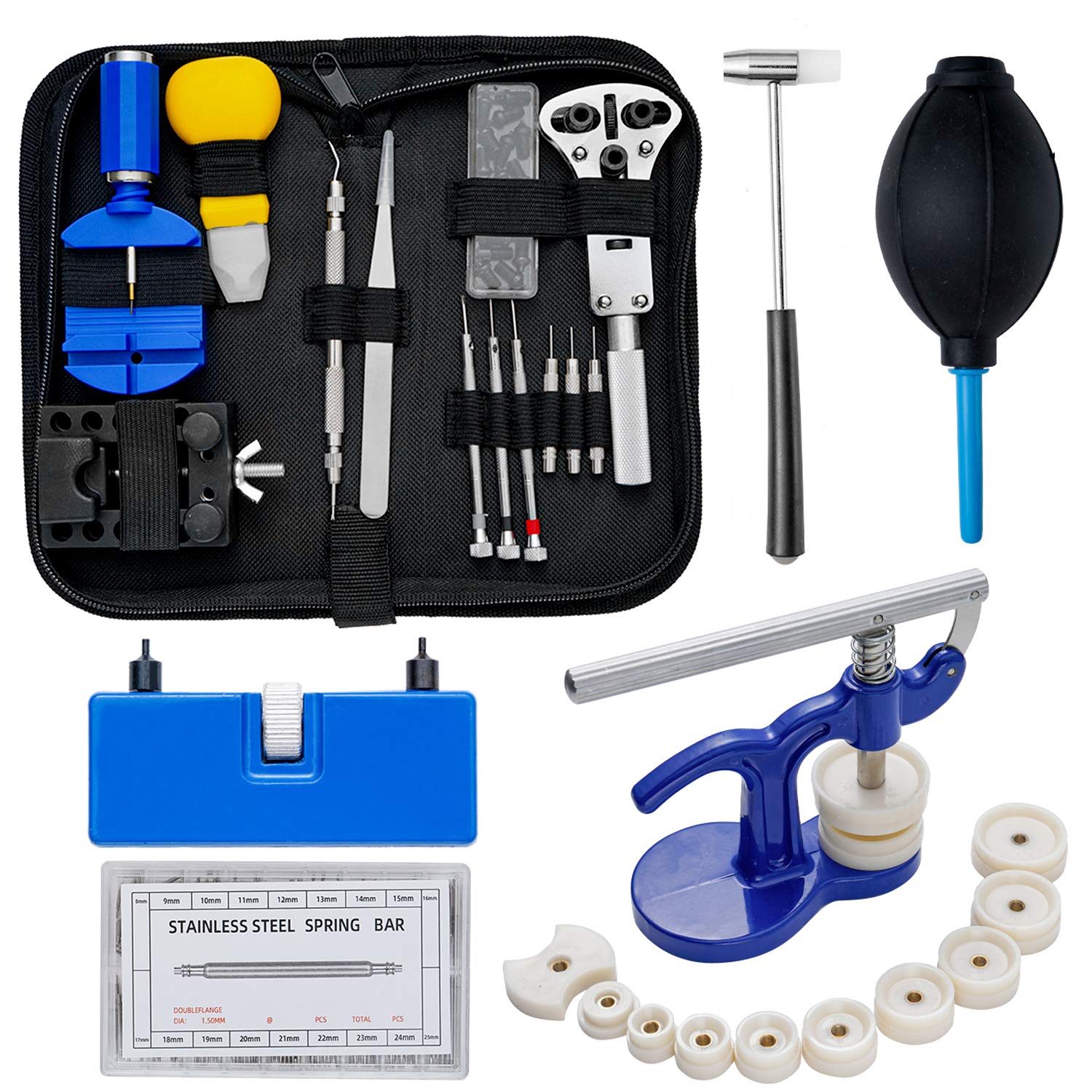 TEXNEWS Watch Repair Tool Kit Professional - Including Watch Press Kit, Watch Battery Replacement Kit, Larger Rubber Dust Blowers, Watch Band Link Pins with Carrying Case (406pcs)